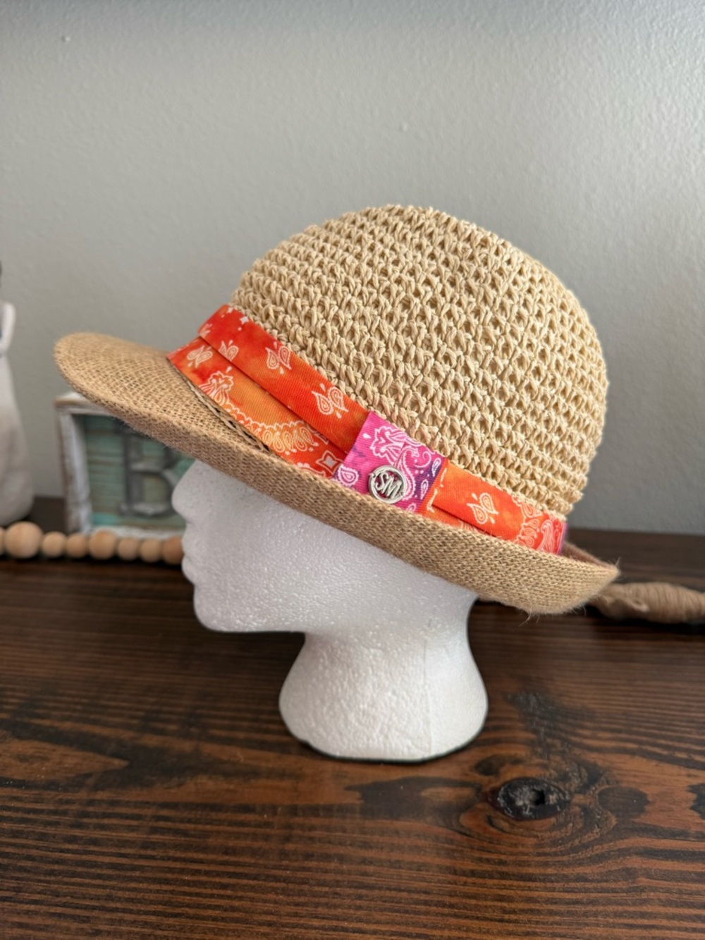 Steve Madden Straw Fedora Hat Bandana Orange Pink Summer Festival Boho beach